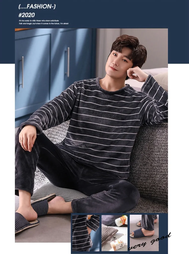 silk pajamas 2021 Winter Long Sleeve Thick Warm Flannel Pajama Sets For Men Korean Coral Velvet Sleepwear Suit Pyjama Lounge Homewear Clothes mens plaid pajama pants