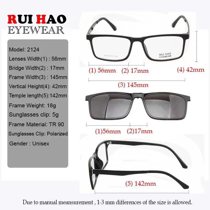Retro Eyeglasses Frame Men Grey Polarized Clip on Sunglasses Super Light Glasses Men Rui Hao Eyewear Optical Frame 2124