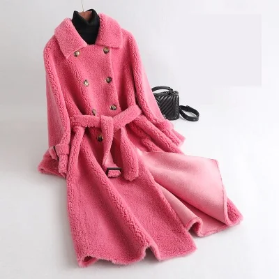 Rose red Новинка, зимняя меховая куртка, Женская длинная двубортная верхняя одежда из овчины, модная Высококачественная женская шуба из искусственного меха - Цвет: Rose red