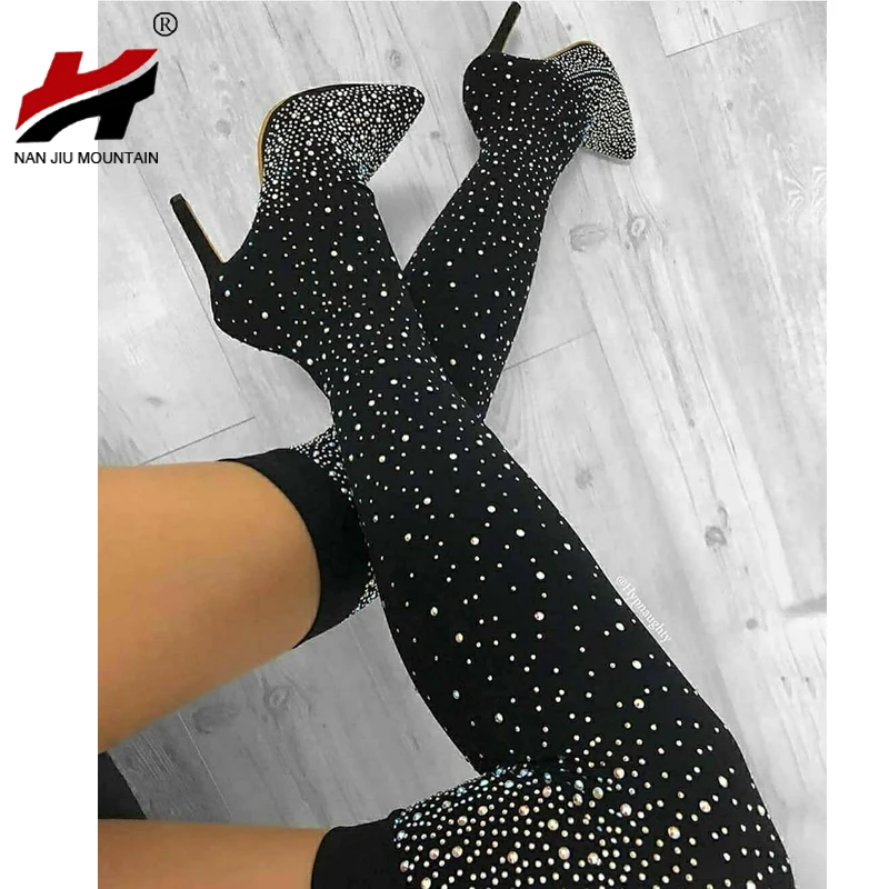 NAN JIU MOUNTAIN Women's Boots Autumn Over The Knee Boots Fashion Rhinestone Pointed High Heel Outdoor Women's Shoes