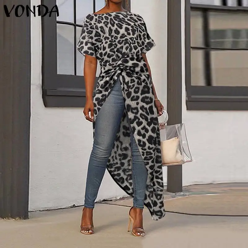VONDA, Женская ассиметричная блузка, сексуальные, с разрезом, леопардовые вечерние топы, длинные, для девушек, офисные рубашки,, Летняя туника размера плюс, блузки