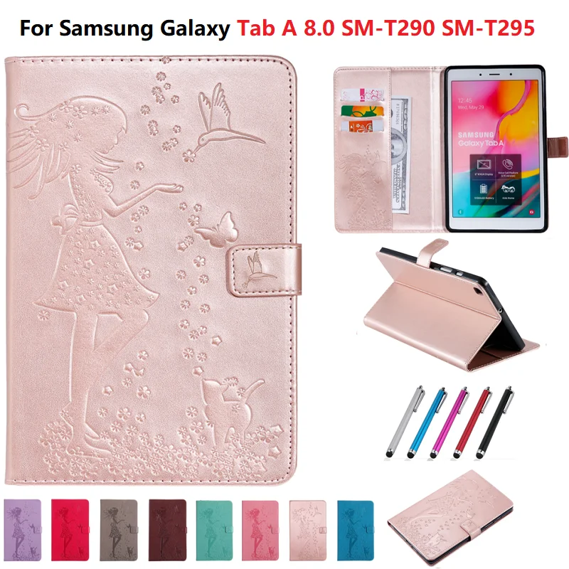Чехол для планшета Galaxy Tab A 8 0 2019 чехол девочек с кошкой кожаный Samsung SM-T290 SM-T295 +