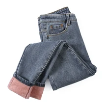 На осень-зиму толстое флисовое теплое Для женщин Высокая талия узкие джинсы, брюки женский Повседневное бархатистые обтягивающие джинсы в винтажном стиле узкие джинсовые штаны