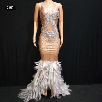 

mesh Long Sleeves Dress Mermaid sparkly rhinestone Feather See through dance Customes sexy womens Stage Birthday wedding party