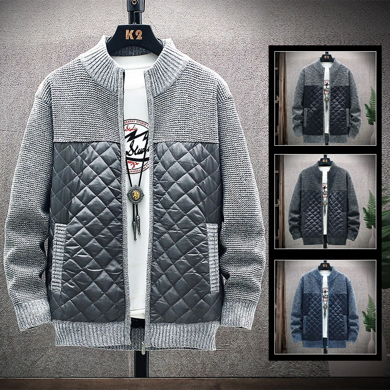 

New Sweater Coat Men's Fleece Cardigan Autumn Winter Contrast Warm Patchwork Cardigans Windproof Luxury Brand Full Zip Jacket