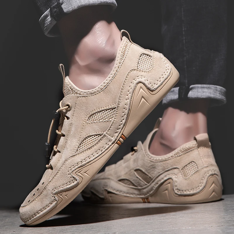 

Men's Shoes Genuine Leather Comfortable Fashion Men Sneakers Breathable Hiking Outdoor Shoes Lace-up Solid Shallow Rubber