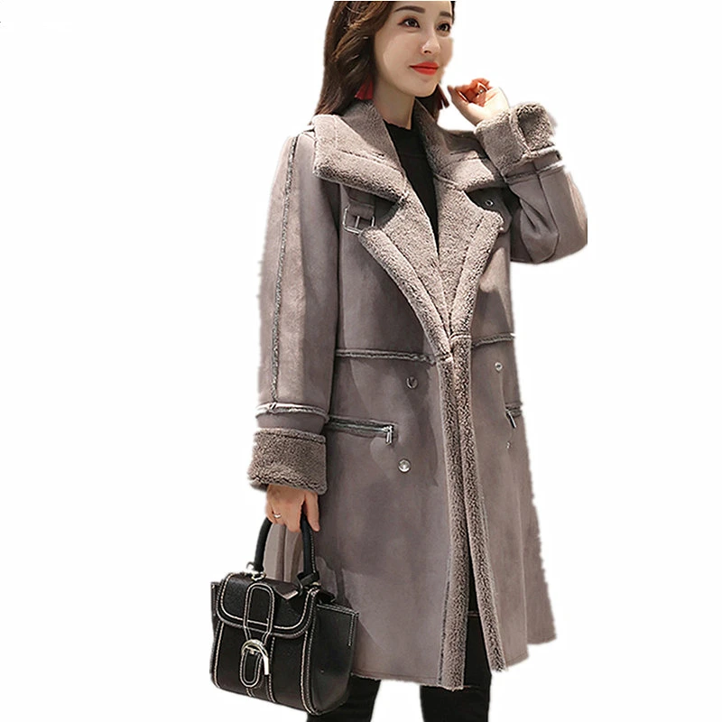 Осеннее женское замшевое зимнее пальто с мехом Новое модное плотное длинное пальто из искусственной овчины женский однотонный теплый плащ K070
