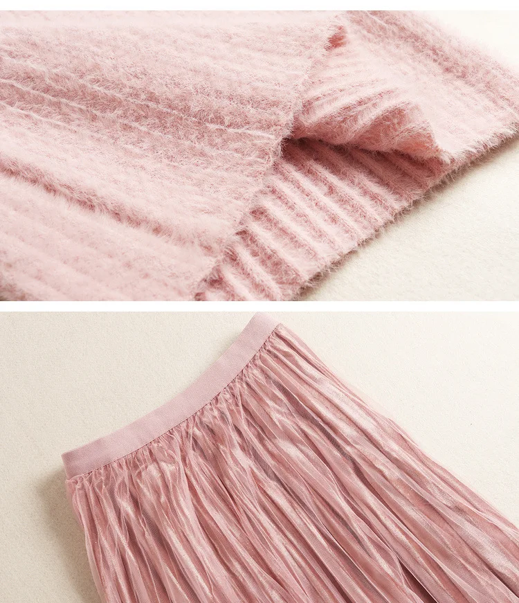 Женский зимний жилет из лисьего меха для девочек пикантные Короткие жилеты+ вязаный свитер Пуловеры+ розовая бархатная юбка в сеточку милый комплект из 3 предметов