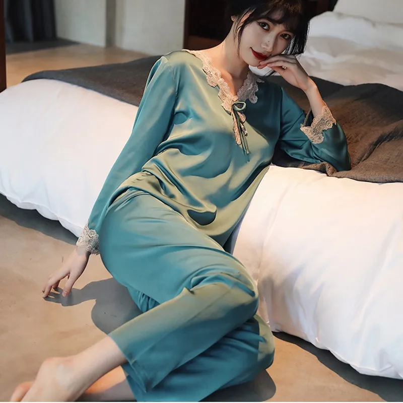Lace Pj's 2PCS Sleepwear Women Satin Pajamas Suit Summer Pyjamas Casual Intimate Lingerie Long Sleeve Shirt&Pants Lounge Wear