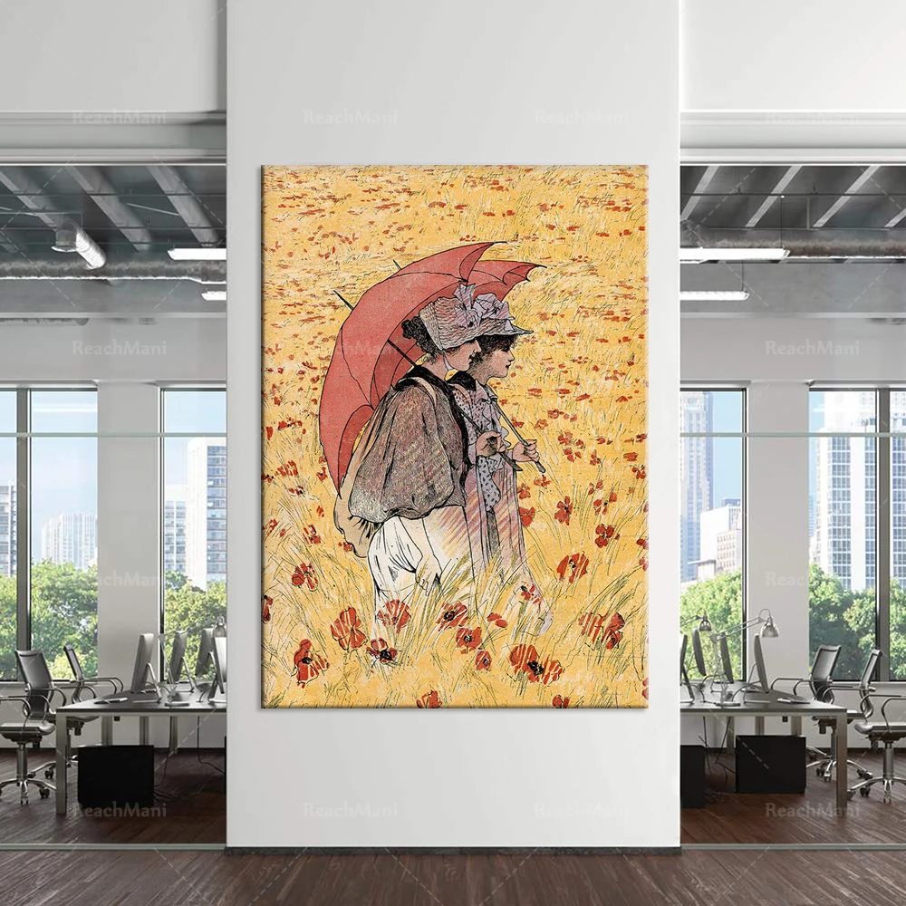 Old Friends Walking In The Poppies Field Print: Antica Illustrazione Della Rivista: Poppies, Art Nouveau Style, 1920S Art Deco Post