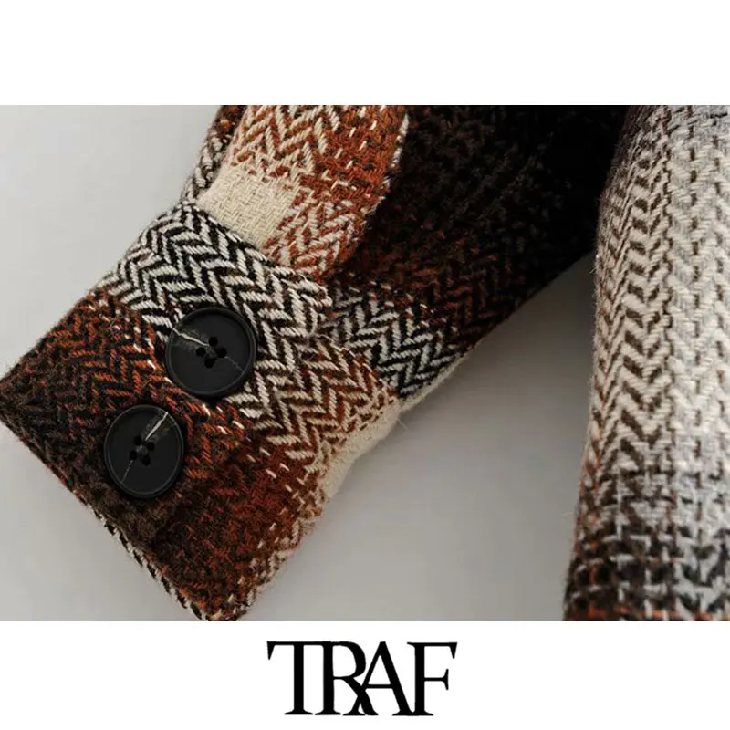 discount  TRAF Women Vintage Stylish Pockets Oversized Plaid Jacket Coat Fashion Lapel Collar Long Sleeve Loo