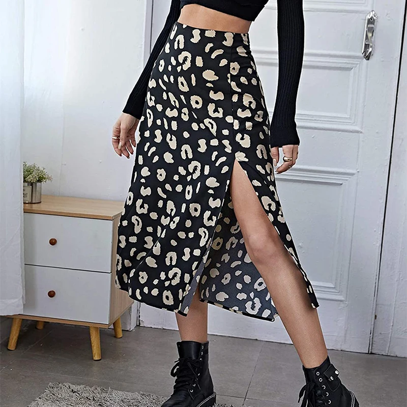 

Women's Y2K Sexy Split Midi Skirt Leopard Print High Waist A-line Skirts Autumn Fashion Casual Clothes Vintage 90s Streetwear