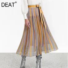 DEAT в контрастную полоску Высокая талия ремень сплайсинга плиссированные женские шифоновая юбка Повседневное Джокер Простые Модные Осень TV665