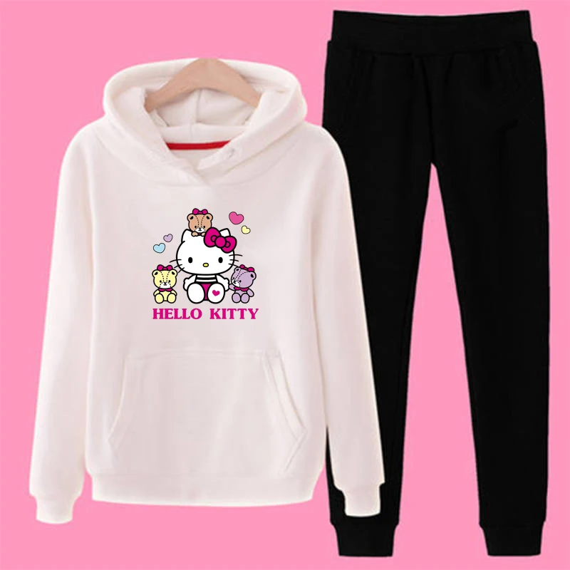 P83 hello-kitty весенне-зимние женские флисовые худи с длинным рукавом, спортивные костюмы, пуловеры, повседневные комплекты - Цвет: White