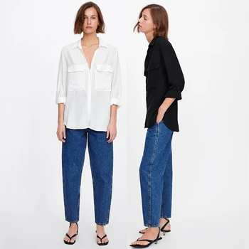 

ZA Women's Long Sleeve Pocket Blouse Women 2020 Spring Solid Black White Elegant Shirt Office Casual Tops Party Gift Wholesale