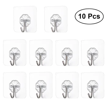 

10pcs Wall Hooks Heavy Duty Strong Non-trace Reusable Hooks Waterproof Transparent Sticky Glue Hanger for Kitchen Living Room St