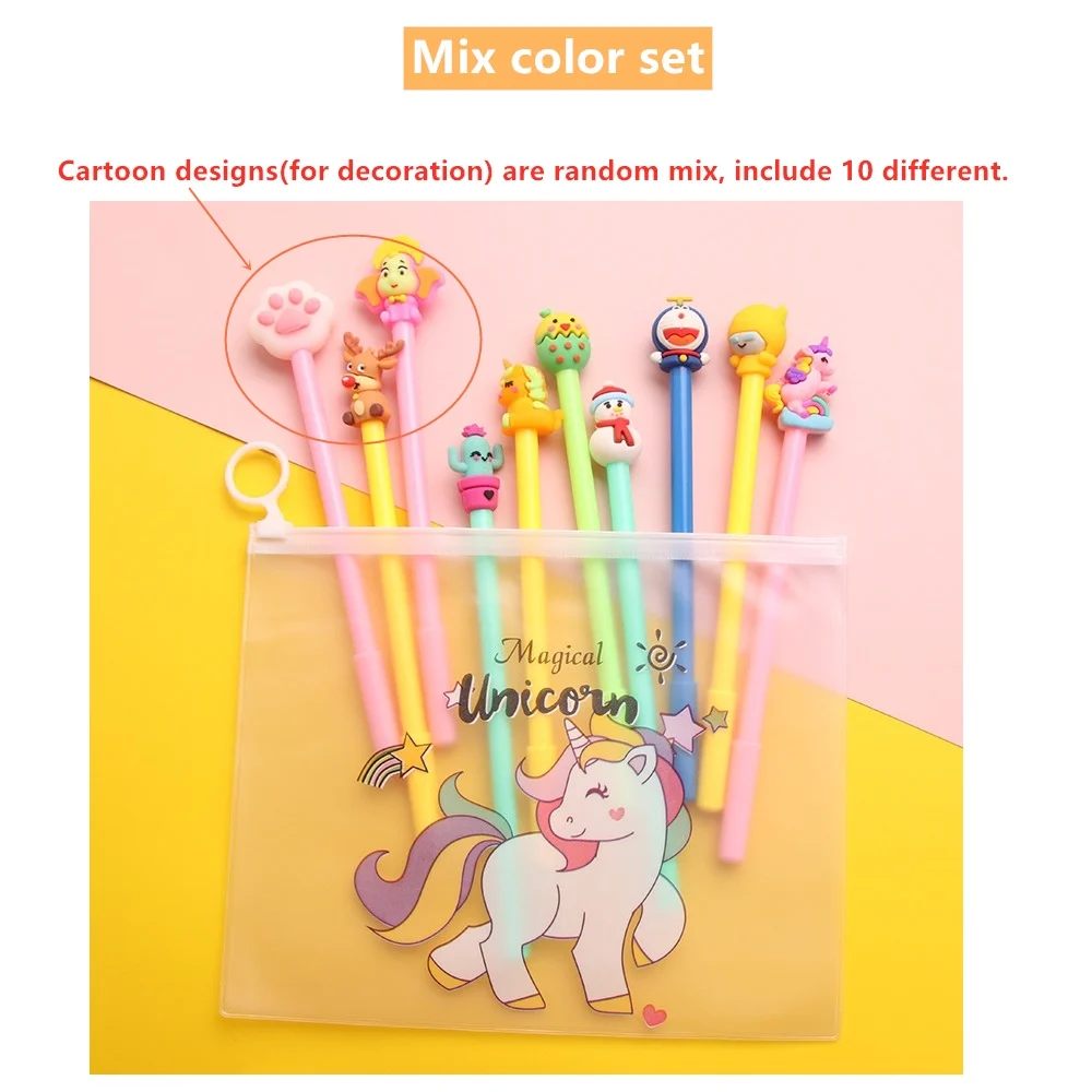 Mix designs 10 шт мультяшная ручка в радужной сумке с единорогом, набор черных гелевых чернил, шариковые ручки для письма, милые канцелярские принадлежности для офиса и школы F911 - Цвет: Mix designs