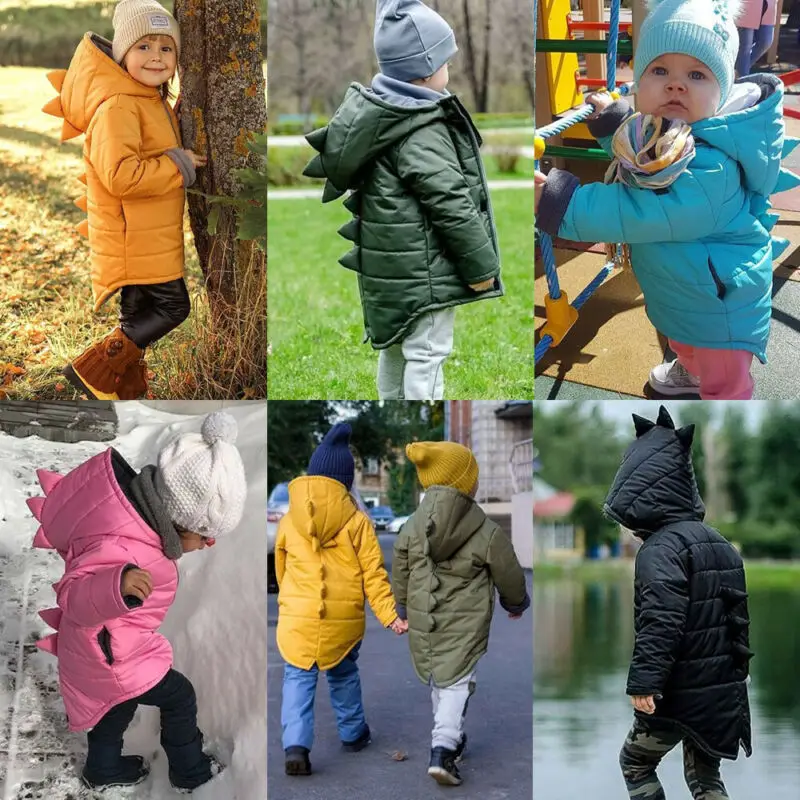 Осенне-зимняя детская куртка Динозавр для маленьких мальчиков и девочек, толстовки, парки теплая верхняя одежда с длинными рукавами на молнии Детские однотонные пальто От 1 до 7 лет