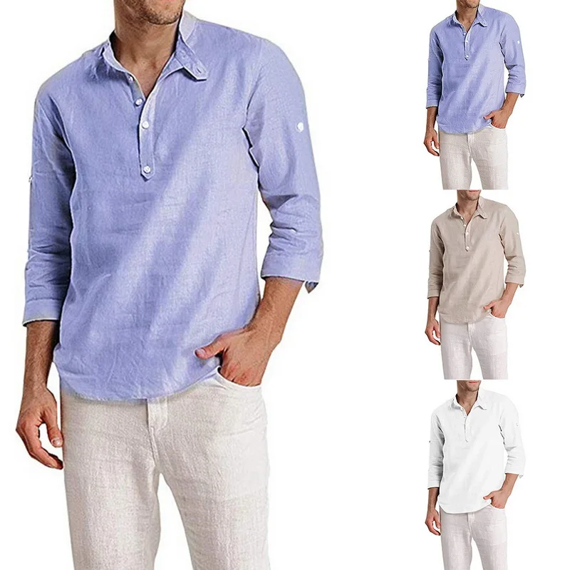 

2019 men roll up 3/4 Sleeve Shirts Tops Blouses New Casual Solid Men's Tops Henley Collar Autumn Camisa Hombre Blusa Masculina