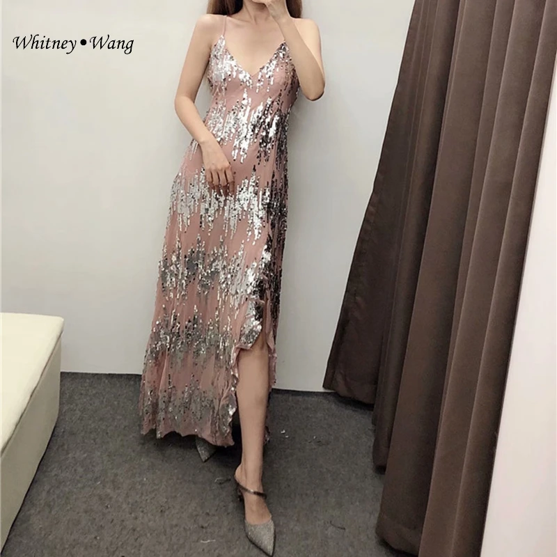 WHITNEY WANG модное уличное платье с разрезом по бокам и блестками на бретельках женское платье для ночного клуба вечерние платья