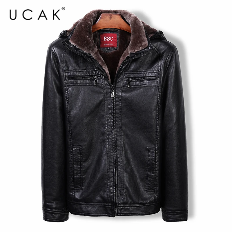 

UCAK Brand New Winter Men's Hooded Leather Jackets Clothes Business Casual PU Jacket Leater Wool Liner Zipper Clothing U8005