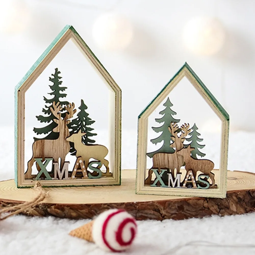 

Nordic Engraved Wood Christmas Tree Snowman Elk Log Cabin Ornaments Pendants Wooden Christmas Tree Pendant Decoration