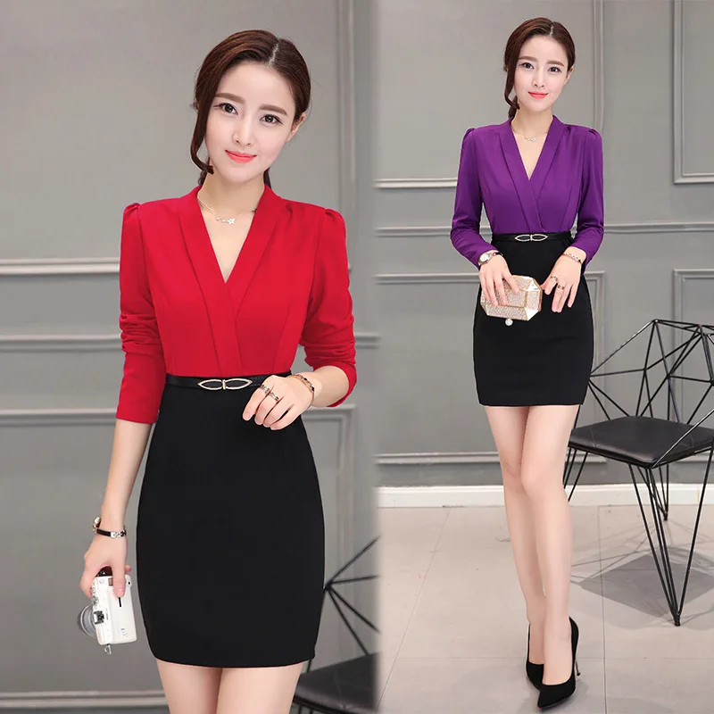

2016 Autumn New Style South Korea Ladies' V-neck Slimming Business Sheath Skirt Long-sleeved Dress Women's Fashion