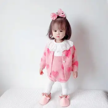 

Baby knitting suit infant romper love small coat with halter suit cotton soild white top 3pcs baby set
