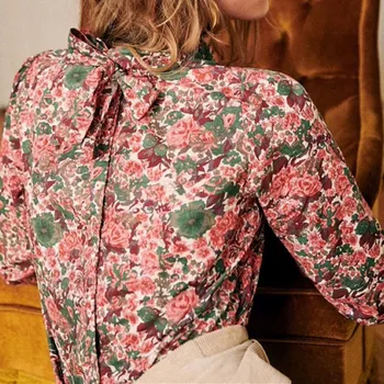 

2020 New Women Silk Cotton Blouse Long Sleeve Vintage Floral Print Back Bow Single-breasted Chic Ladies Shirt female Shirts top