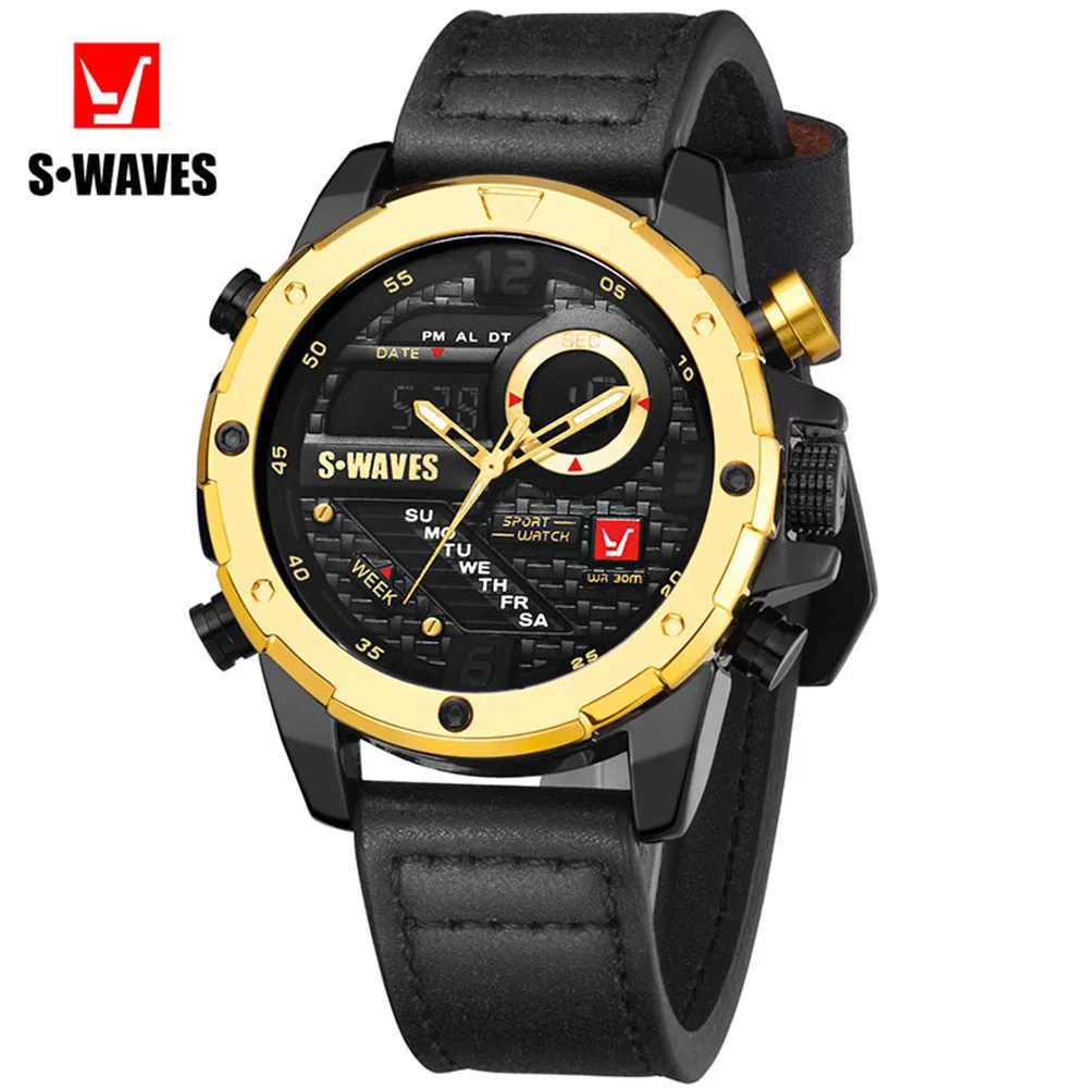 Кожаный ремешок мужские часы SWAVES роскошные Цифровые Аналоговые Reloj Hombre с