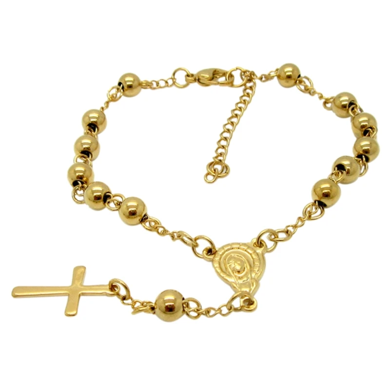 Stainless Steel Rosary Women Christe Beads Bracelet Vintage Jesus Christ Crucifix Cross Bracelet Bead Chain Wristband Croca Char