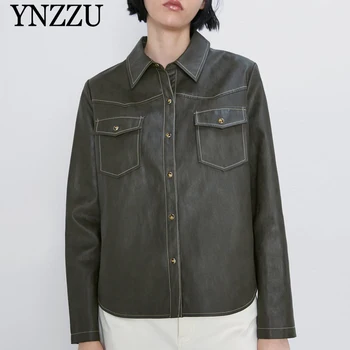 

2019 Autumn Solid color Women Faux Leather blouse Single breasted Loose Female PU jacket Turn Down collar coats Chic YNZZU YO981
