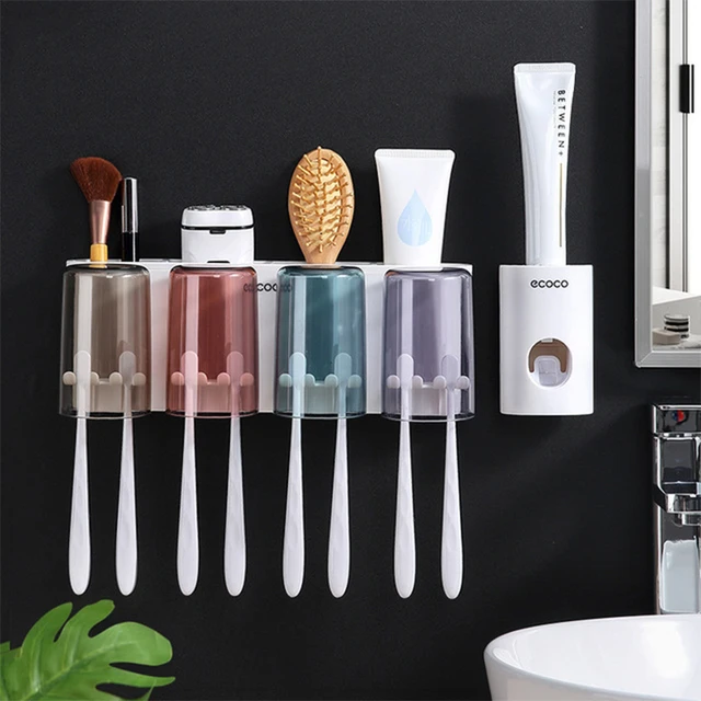 New Multifunctional Toothbrush Holder With Cups Toothpaste Dispenser Wall Mount Storage Rack Tools Set Bathroom Accessories 2