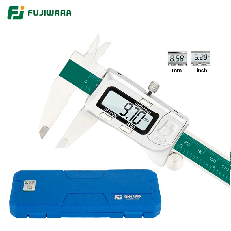 FUJIWARA Digital Display Stainless Steel Calipers 0-150mm 1/64 Fraction/MM/Inch LCD Electronic Vernier Caliper IP54 Waterproof