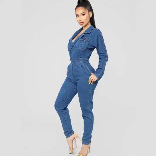 deep v denim jumpsuit