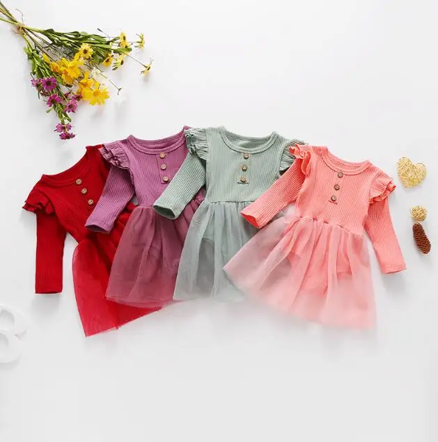 

Infant Romper Dress, Mesh Stitching Sweet Lotus Leaf Sleeves Single Breasted Decoration Prom Costume
