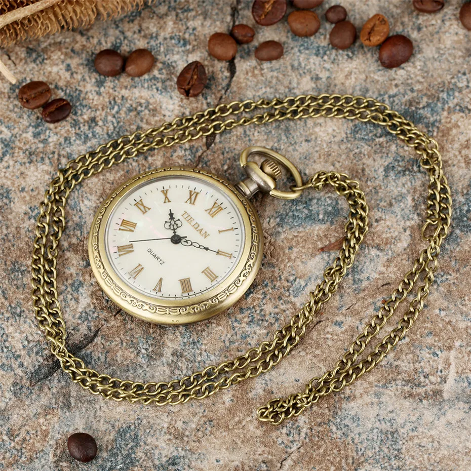 Бронзовые ретро римские цифры дисплей кварцевые карманные часы винтажные Подвесные часы для мужчин женщин брелок свитер цепь/висячая цепь