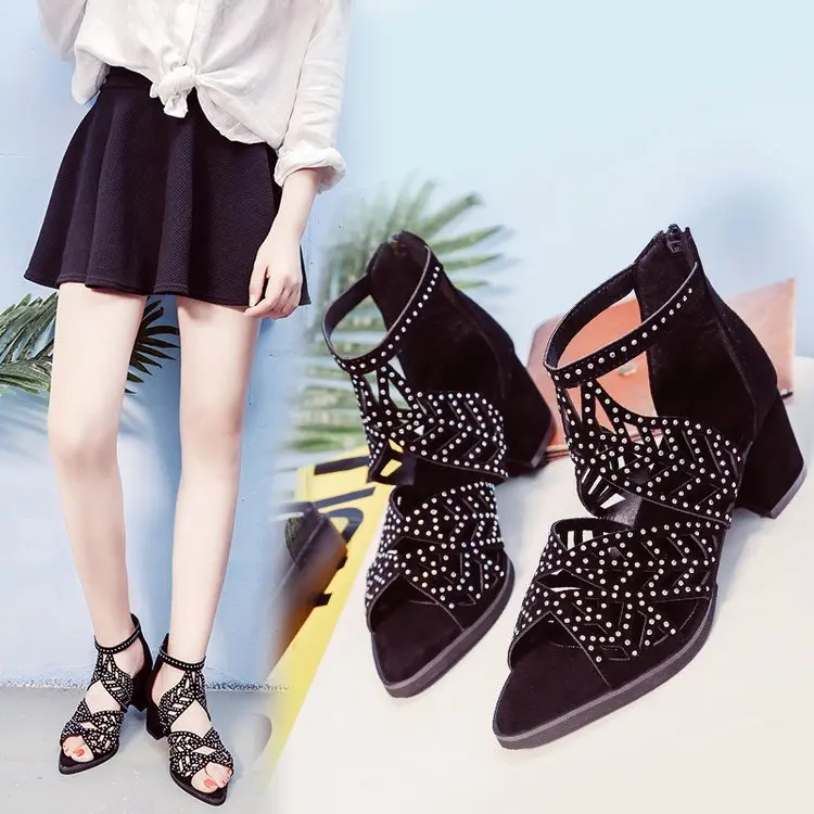 

2019 Spring And Autumn Classic Style Sandals Korean-style Peep-Toe Fish Mouth Hollow out Straight Line Buckle-Style Sandals