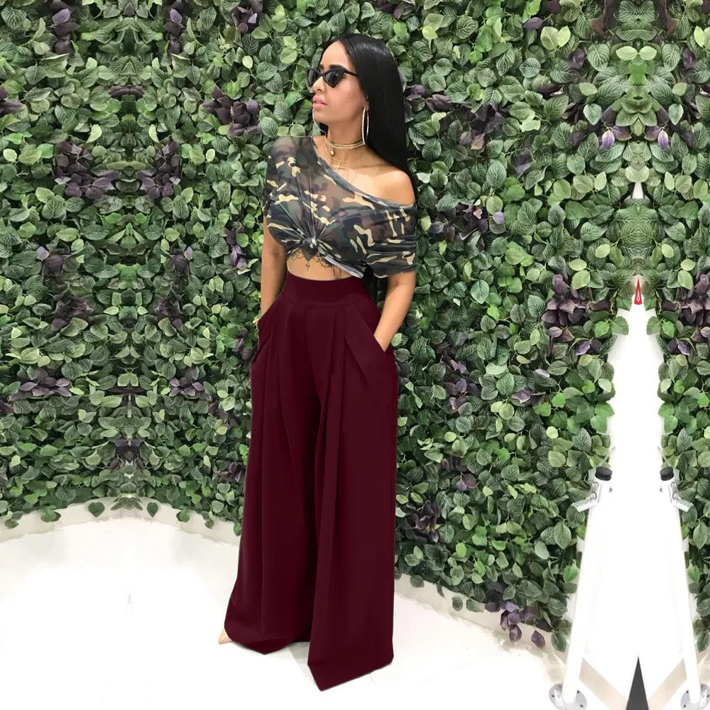 Women's Casual Loose Palazzo Pants with Elastic Waist and Pockets - Autumn High Waisted Wide Leg Trousers, Pleated Long Culottes Pants image 3