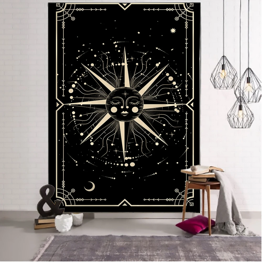 Tapestry Decor Golden Black Sun Moon Tarot Mandala Tapestry Wall Hanging Witchcraft Hippie Wall Carpets Dorm Decor Psychedelic Tapestry