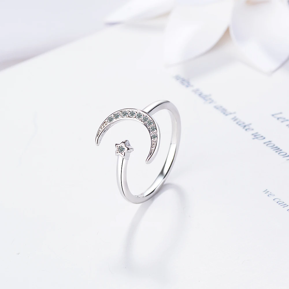 925 Sterling Silver Trendy Silver Color Moon Star Open Finger Dazzling ...