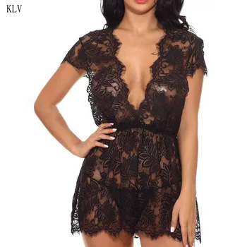 

Women Short Sleeves See-Through Lingerie Eyelash Lace Babydoll Nightgown Solid Color Erotic Deep V-Neck Backless Sleepwear Dress