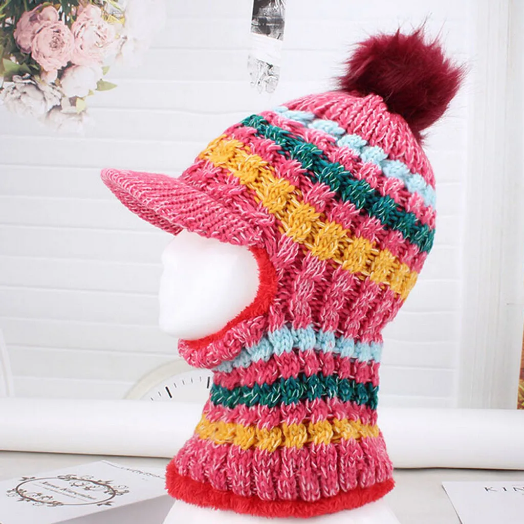 Теплая зимняя женская шапка, модная шапка с меховым помпоном, бархатная Толстая вязаная шапка в полоску, Gorros Mujer Invierno, Лидер продаж
