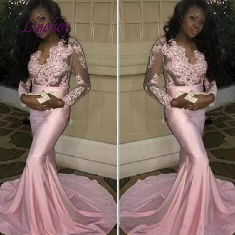 

Pink Long Sleeve Lace Evening Dresses Party Mermaid Plus Size Women Ladies Sexy Prom Formal Evening Gowns Dresses