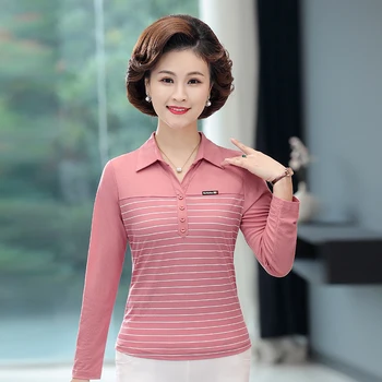 

Autumn Women Striped Polo Shirt Red Wine Red Long Sleeve Turn Down Collar Top Female Casual Cotton Tee Korean Style 2020 Arrival
