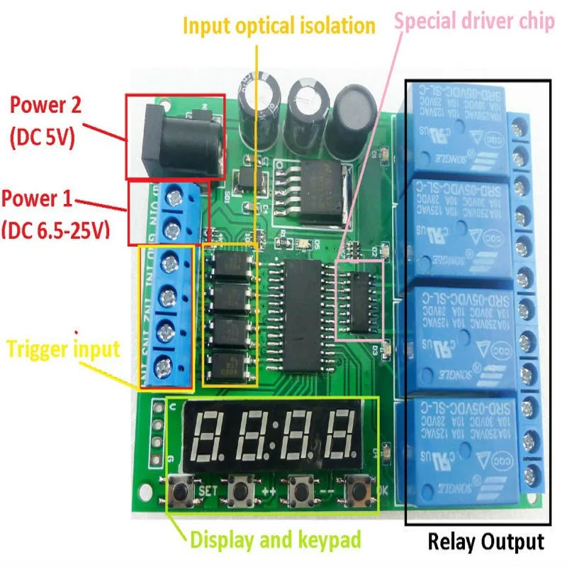 

DC 12V 4 Channel Multifunction Cycle Delay Timer Relay Module : Timing Loop Interlock Self-locking Momentary Bistable Monostable