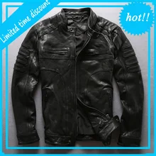 Мужская Черная куртка из натуральной кожи, винтажный бренд, мотоциклетная Байкерская Повседневная Толстая воловья кожа, высшее качество, приталенные Русские Пальто