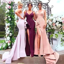 Elegant Mermaid Bridesmaid Dresses Satin V Neck High Side Slit Long Maid Of Honor  Party  For Garden Wedding
