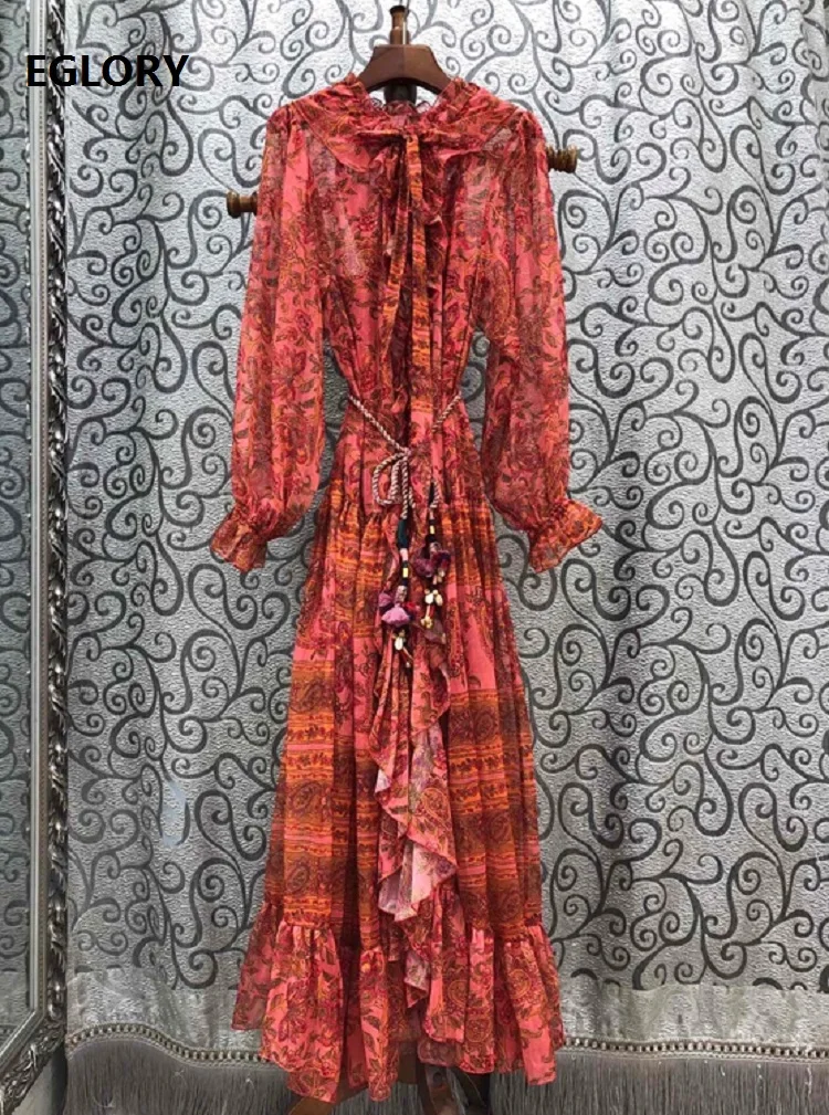 

Top Quality New 2020 Summer Long Dress Women Bow Collar Vintage National Style Print String Belt Long Sleeve Maxi Dress Beach