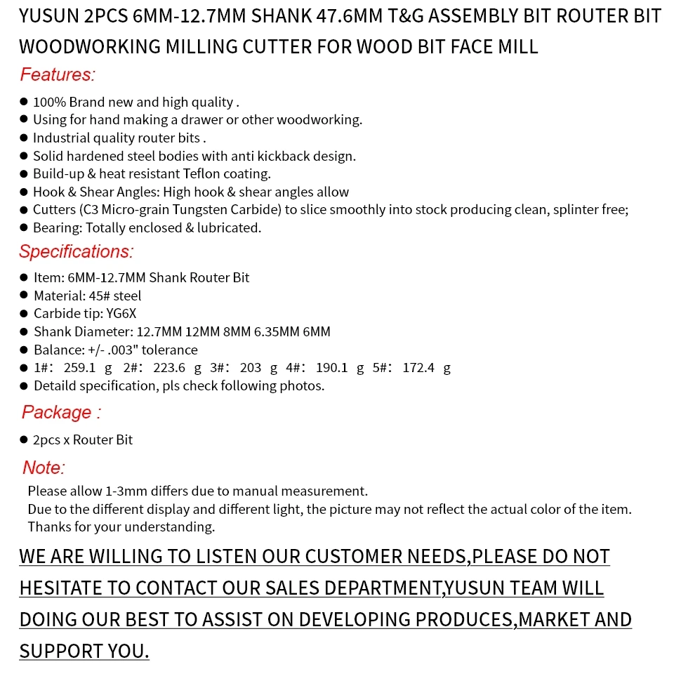 YUSUN 2PCS  47MM Cove 1-7/8 T&G ASSEMBLY Cutter Router Bit Woodworking Milling Cutter For Wood Face Mill